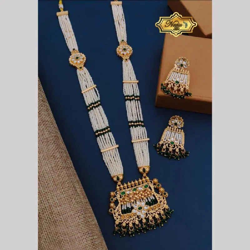 Wedding Pearl Necklace-Neetu Art Gold Plated Pota Stone And Pearl Long Necklace Set