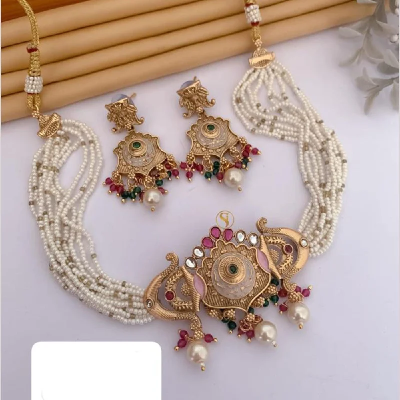 Unique Charm Necklace-FS Collection Gold Plated Pota Stone And Pearls Choker Meenakari  Necklace Set