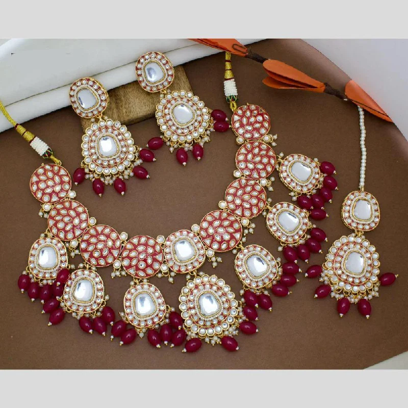 Layered Gold Necklace-Manisha Jewellery Gold Plated Kundan Stone And Beads Meenakari Necklace Set