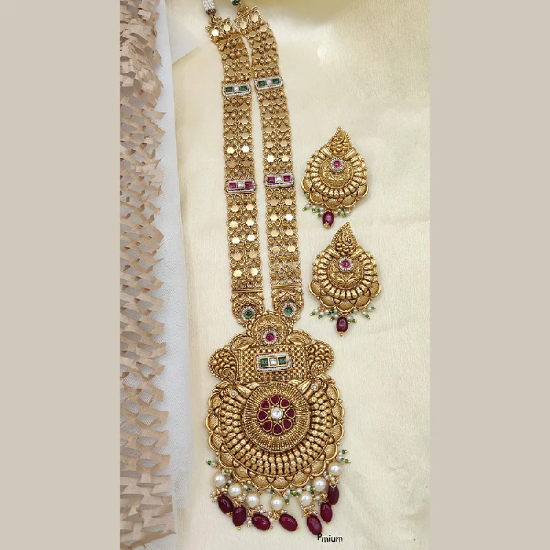 Gold Bar Necklace-Jewel Addiction Copper Rajwadi Finish Pota Stone Long Necklace Set