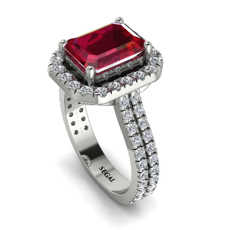 Delicate Silver Ring-Gorgeous Emerald Cut Ruby Pave Double Shank Engagement Ring With Hidden Stone - Veronica No. 12