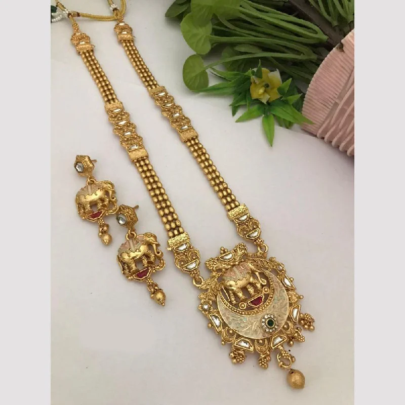 Oval Gemstone Necklace-FS Collection Gold Plated Kundan Stone And Meenakari Necklace Set