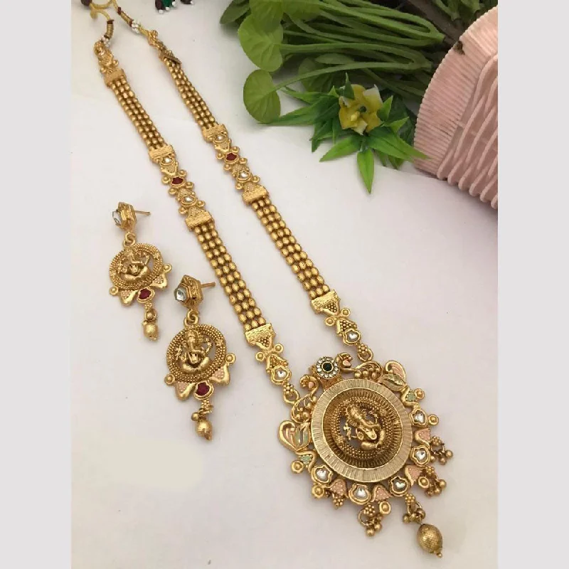 Gold Bangle Necklace-FS Collection Gold Plated Kundan Stone And Meenakari Lord Ganesha Necklace Set