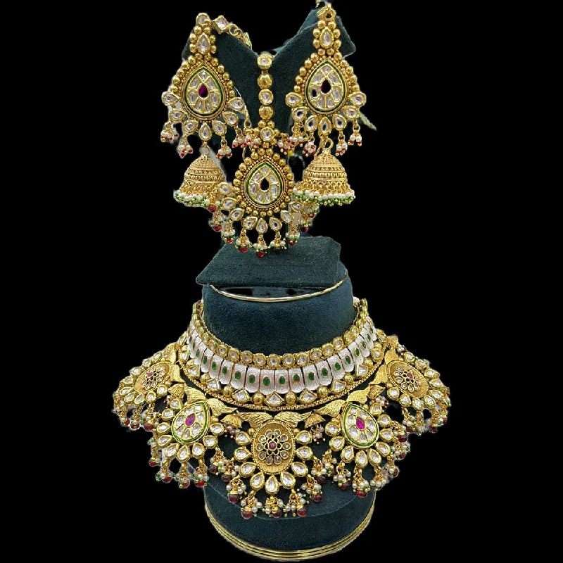 Chunky Gold Necklace-JCM Gold Plated Kundan Stone And Pearls Choker Necklace Set