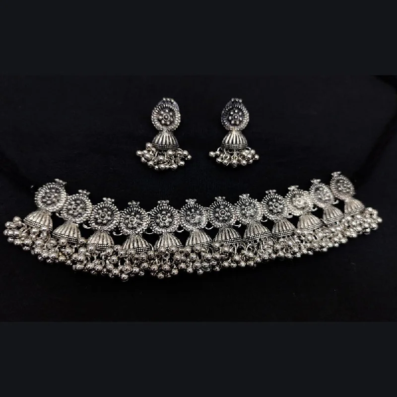 Elegant CZ Necklace-Pooja Bangles Oxidised Plated Choker Necklace Set