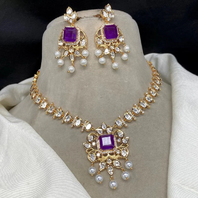 Dainty Chain Necklace-Royal Kundan Jewellery Gold Plated Polki Kundan And Pearls Necklace Set