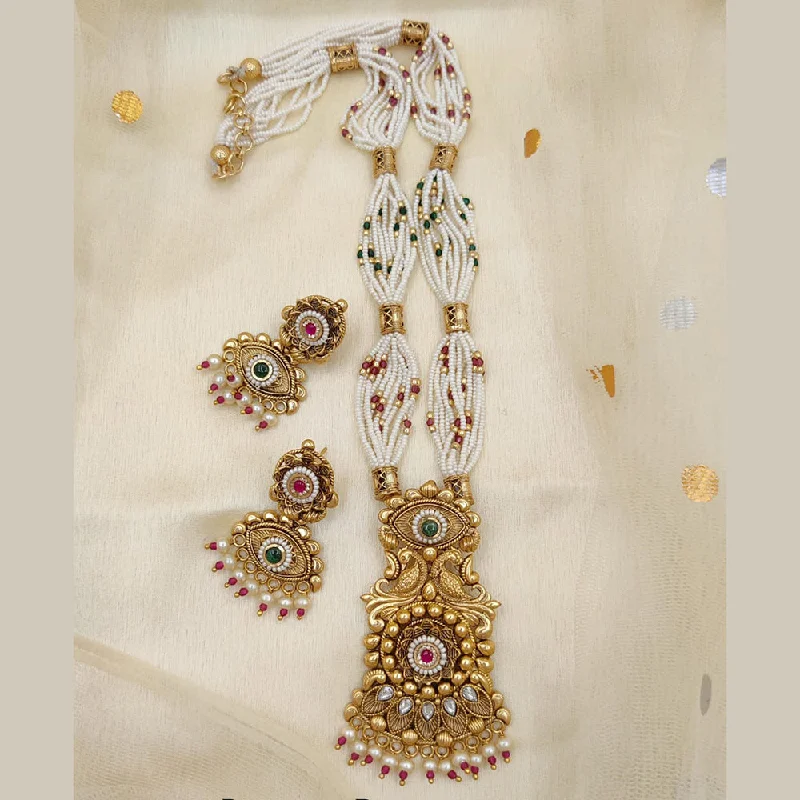 Classic Silver Necklace-Jewel Addiction Copper Rajwadi Finish Pota Stone And Pearl Long Necklace Set