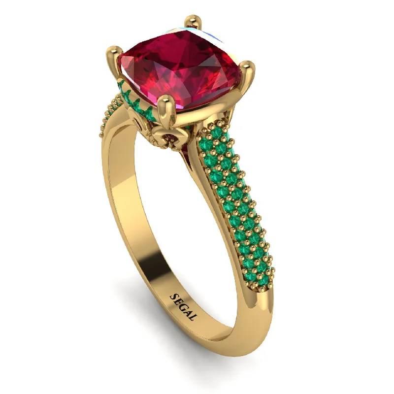 Unique Vintage Wedding Ring-Luxury Pave Cushion Cut Ruby Engagement Ring With Hidden Stone - Esmeralda No. 25