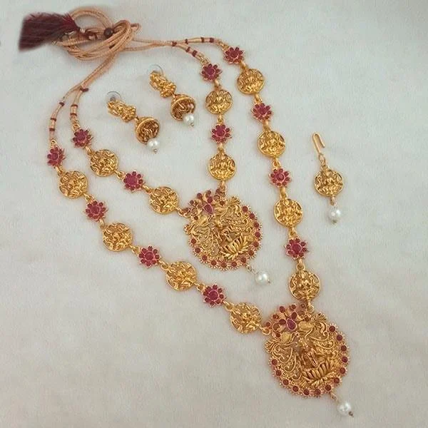 Double Chain Necklace-Darshana Jewels Maroon Stone Double Gold Plated Necklace Set - FAP0272