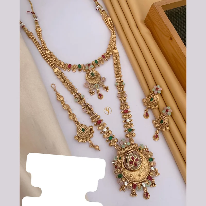 Stylish Pearl Necklace-FS Collection Gold Plated Pota Stone And Meenakari Double Necklace Set