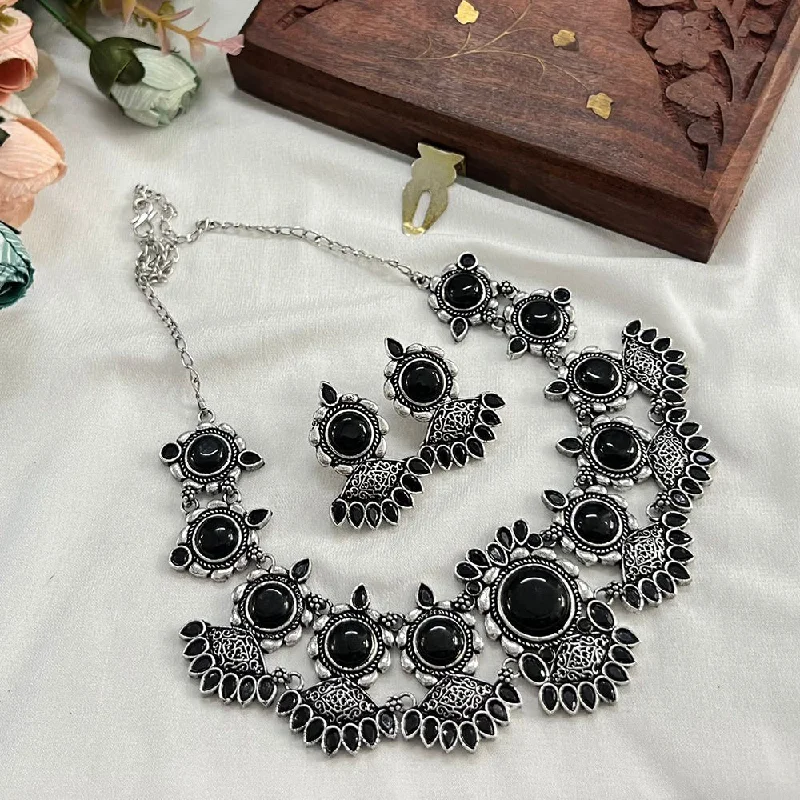 Artistic Crystal Necklace-FS Collection Oxidised Plated Pota Stone Necklace Set