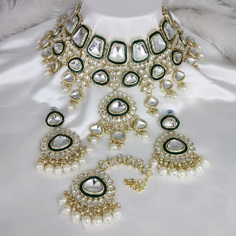 Bridal Wedding Necklace-Lucentarts Jewellery Gold Plated Kundan Stone Pearls And Meenakari Choker Necklace Set