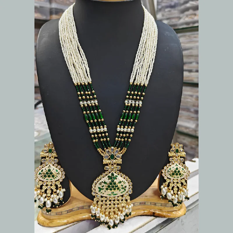 Pearl and Gold Necklace-Manisha Jewellery Gold Plated Pota Stone And Pearls Meenakari Long Necklace Set