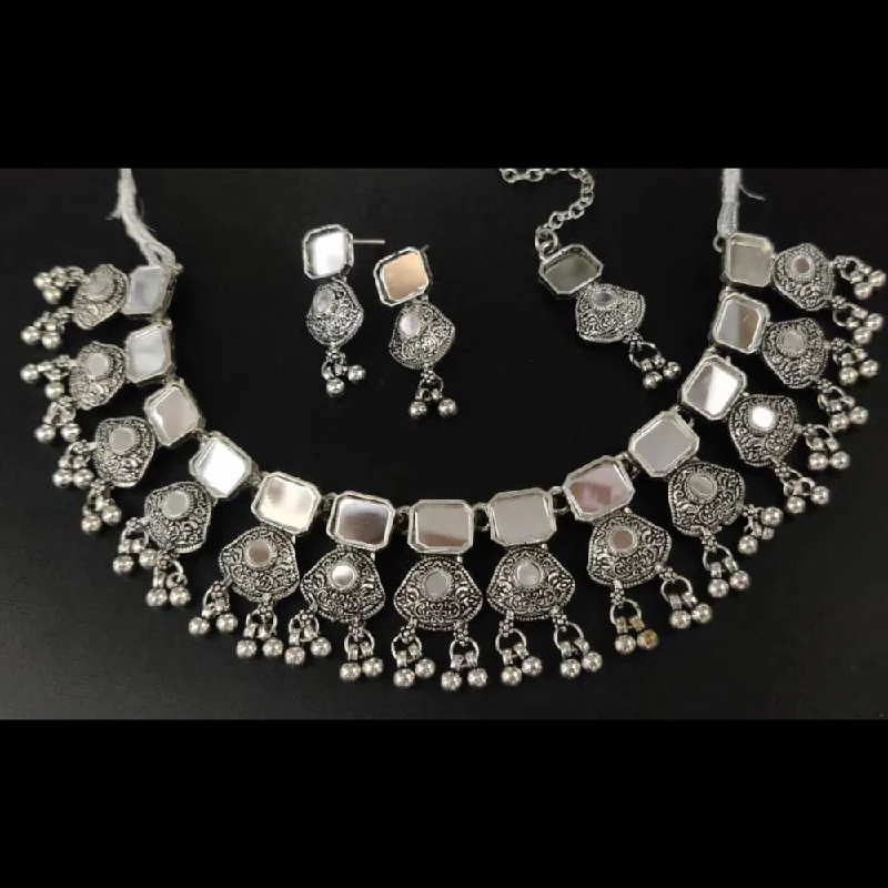 Silver Gemstone Necklace-Kavita Art Oxidised Plated Mirror Necklace Set