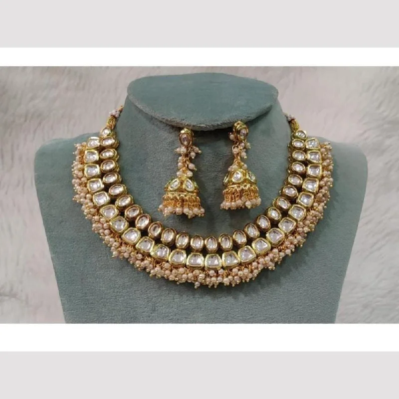 Handcrafted Bead Necklace-FS Collection Gold Plated Kundan Stone And Pearls Choker Necklace Set