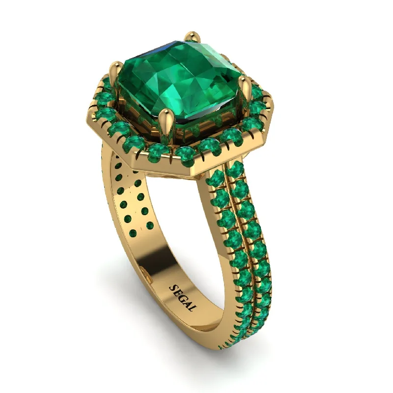 Fashionable Cocktail Ring-Gorgeous Radiant Cut Emerald Pave Double Shank Engagement Ring With Hidden Stone - Felicity No. 19