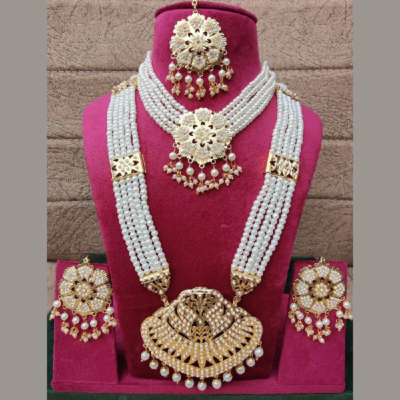 Fancy Choker Necklace-FS Collection Gold Plated Pearls Double Necklace Set