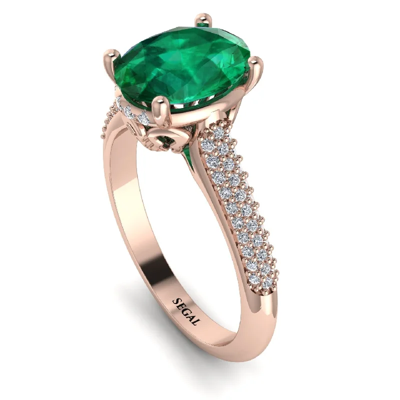 Dainty Gold Ring-Luxury Pave Oval Cut Emerald Engagement Ring With Hidden Stone - Ophelia No. 5