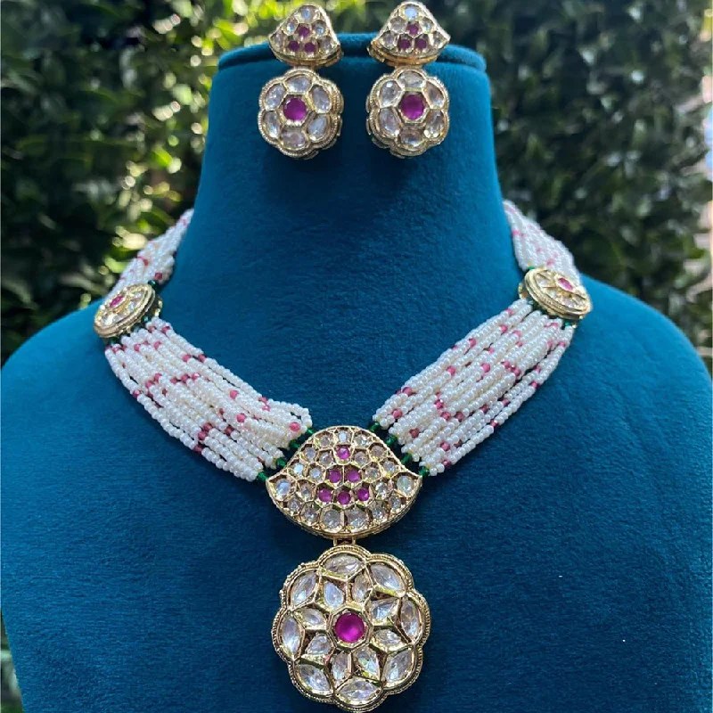 Chunky Silver Necklace-Royal Kundan Jewellery Gold Plated Polki Kundan And Pearls Necklace Set