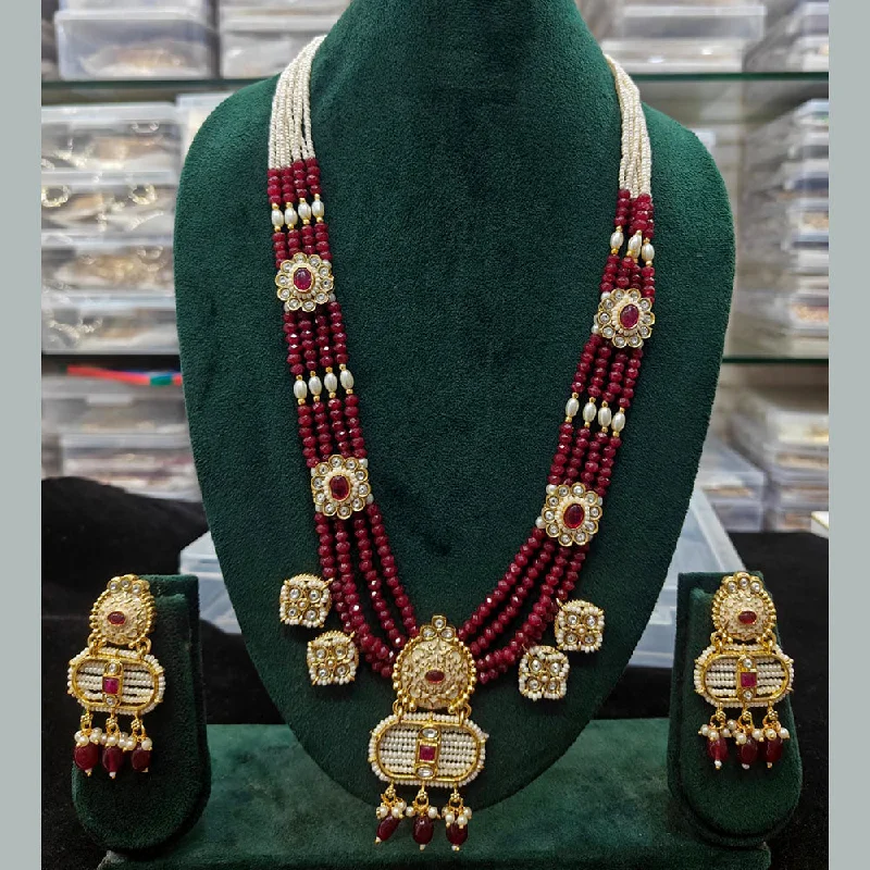 Artistic Necklace for Women-Manisha Jewellery Gold Plated Pota Stone And Pearls Meenakari Long Necklace Set