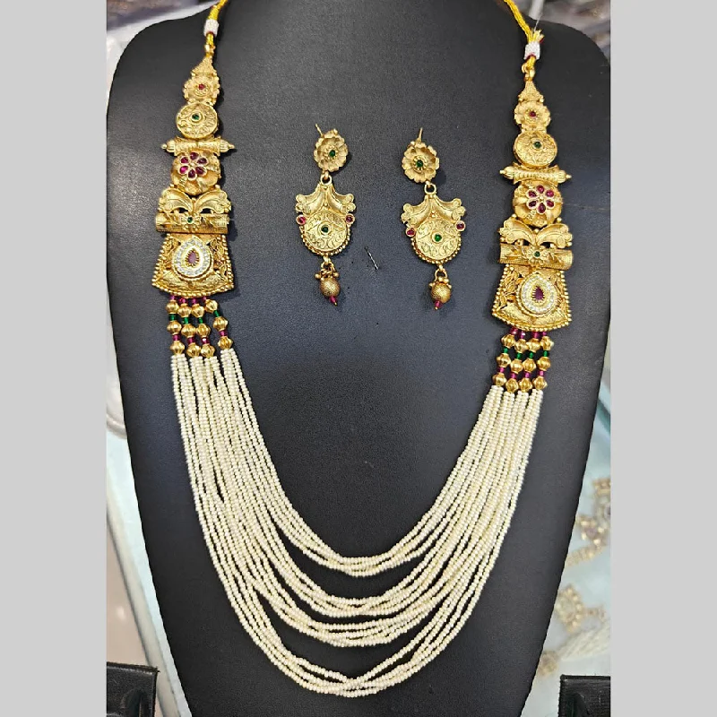 Custom Couples Necklace-Manisha Jewellery Gold Plated Pota Stone And Pearls Long Necklace Set