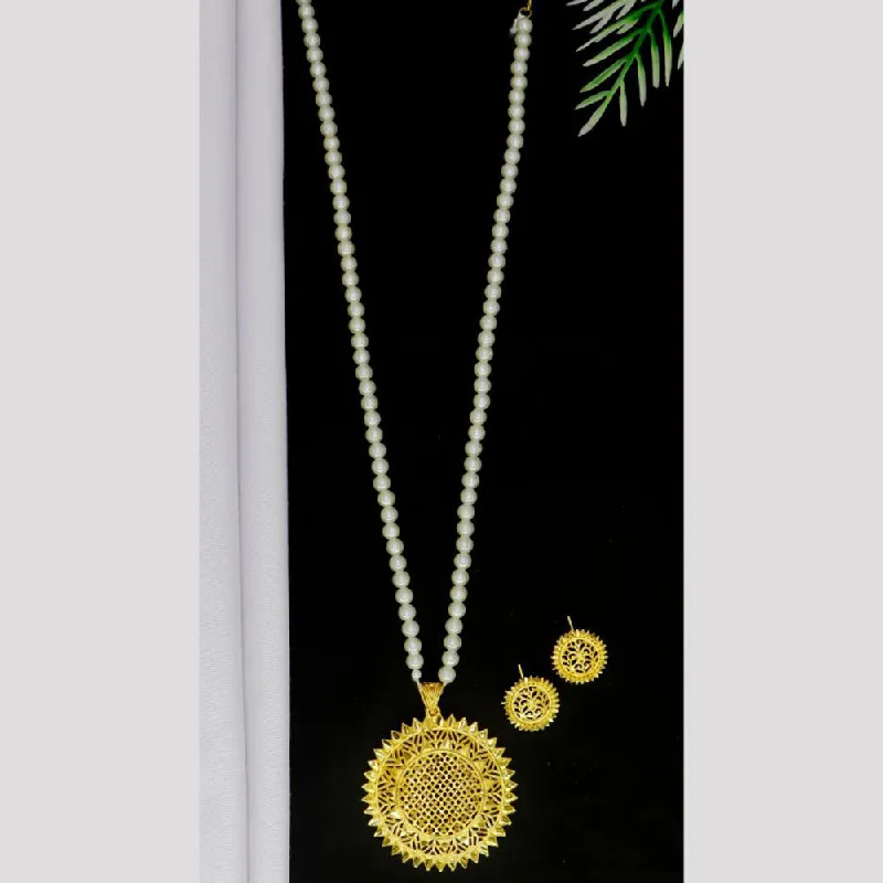 Lightweight Gold Necklace-Mahavir Gold Plated Pearls Long Necklace Set