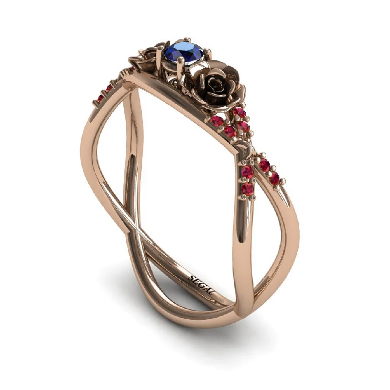 Wedding Engagement Ring Set-Rose Engagement ring 14K Rose Gold Thin Elegant Flower Ring Sapphire With Ruby - Stella no. 17