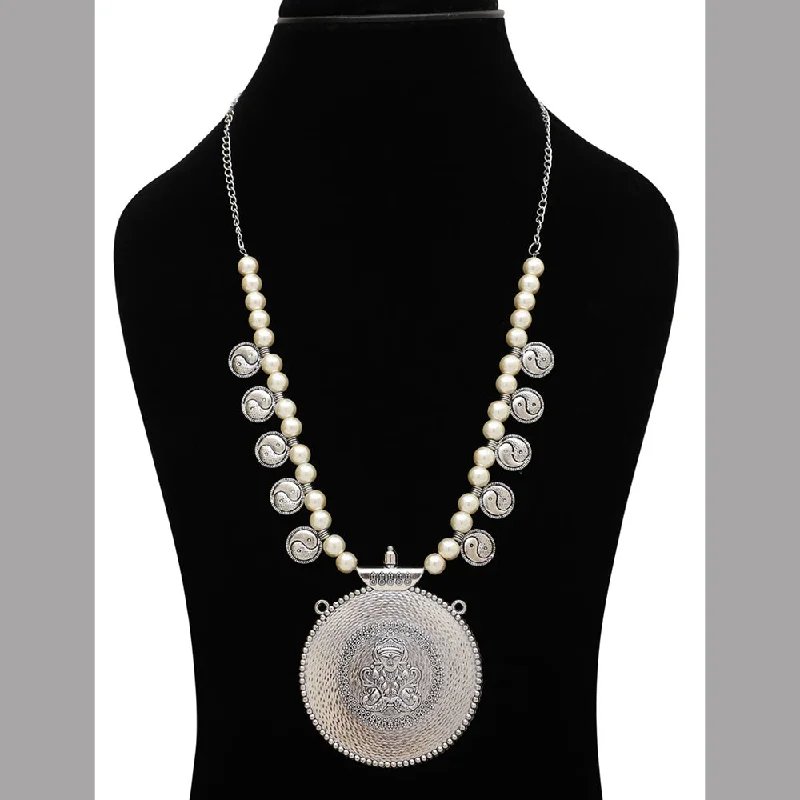 Flower Necklace for Women-Bevy Pearls Oxidised Plated  Temple Pearl Necklace