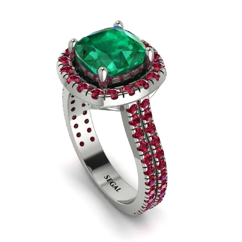 Vintage Silver Ring-Gorgeous Cushion Cut Emerald Pave Double Shank Engagement Ring With Hidden Stone - Kira No. 51