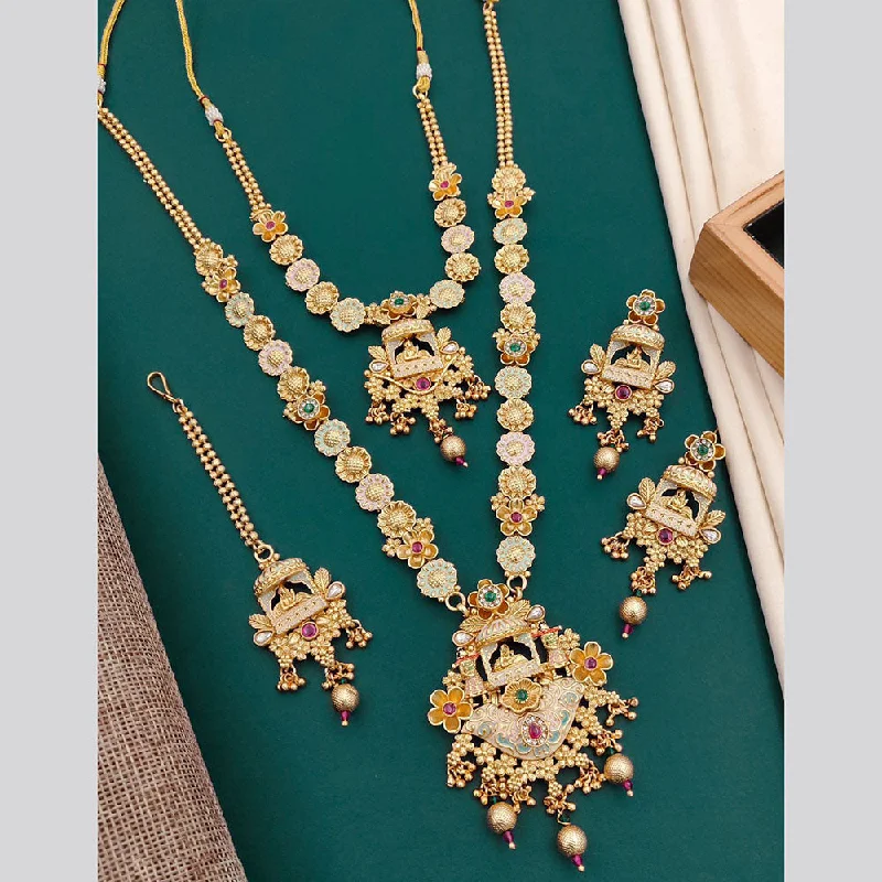 Luxury Diamond Necklace-Neetu Art Gold Plated Pota Stone Double Necklace Set