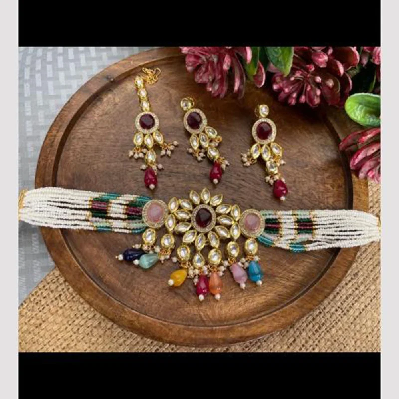 Bohemian Layered Necklace-FS Collection Gold Plated Kundan Stone And Beads Choker Necklace Set