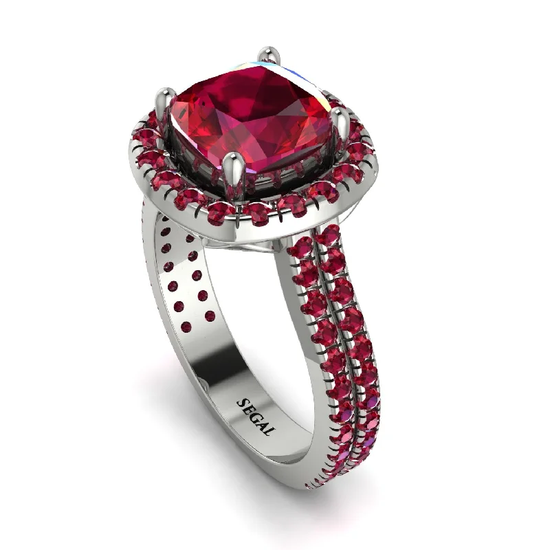 Solitaire Gemstone Ring-Gorgeous Cushion Cut Ruby Pave Double Shank Engagement Ring With Hidden Stone - Kira No. 57