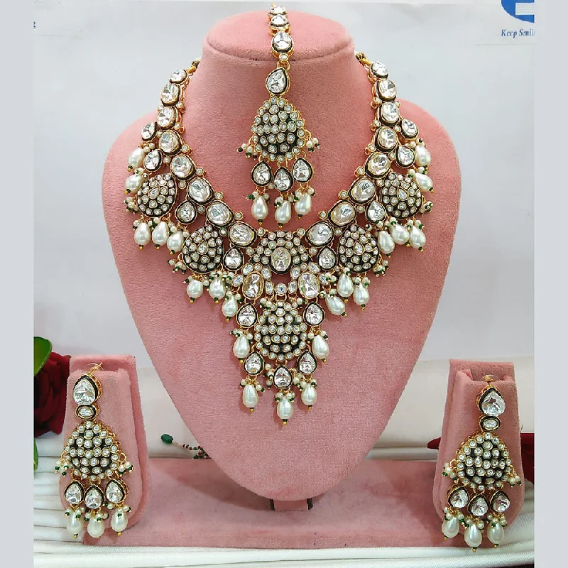 Gold Bead Necklace-Everlasting Quality Jewels Gold Plated Kundan And Beads Necklace Set