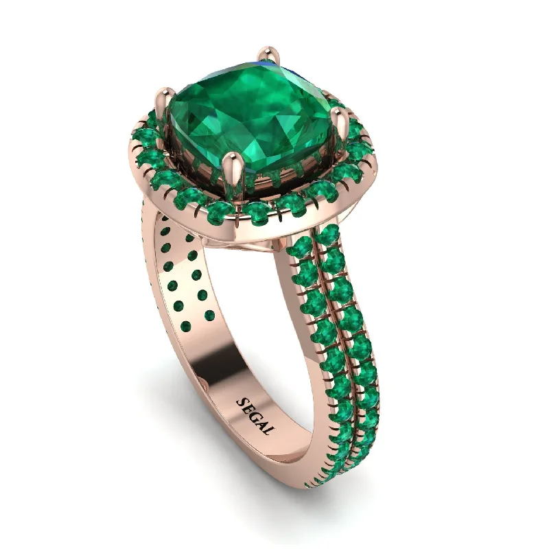 Elegant Rose Gold Ring-Gorgeous Cushion Cut Emerald Pave Double Shank Engagement Ring With Hidden Stone - Kira No. 20