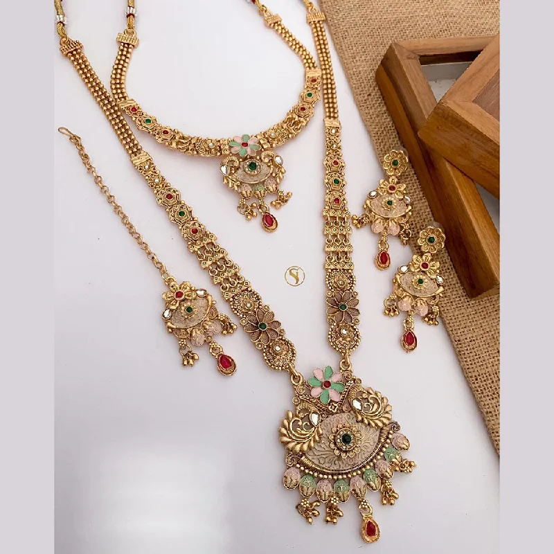 Crystal Bar Necklace-FS Collection Gold Plated Pota Stone And Meenakari Double Necklace Set