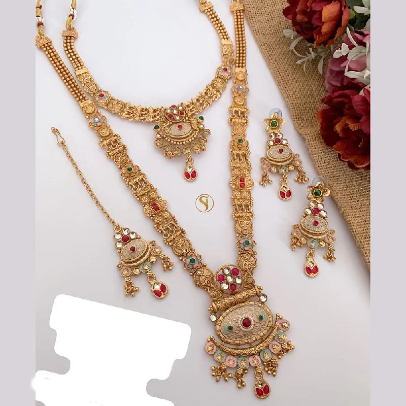 Unique Personalized Necklace-FS Collection Gold Plated Pota Stone And Meenakari Double Necklace Set