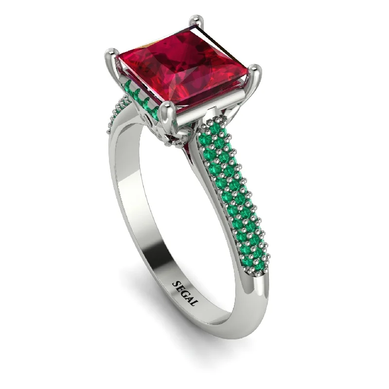 Gold Wedding Band Set-Luxury Pave Princess Cut Ruby Engagement Ring With Hidden Stone - Sabrina No. 27