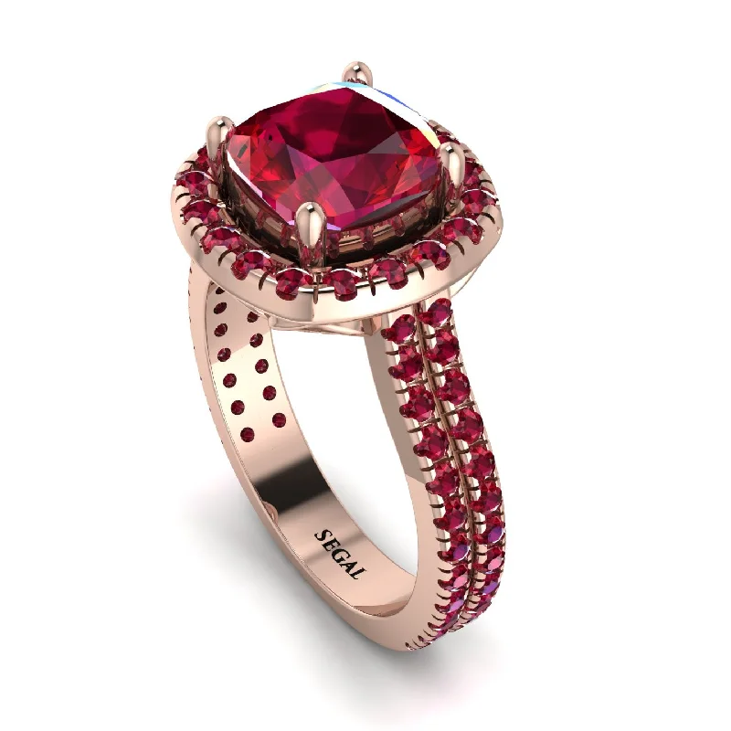 Couples Engagement Ring-Gorgeous Cushion Cut Ruby Pave Double Shank Engagement Ring With Hidden Stone - Kira No. 56