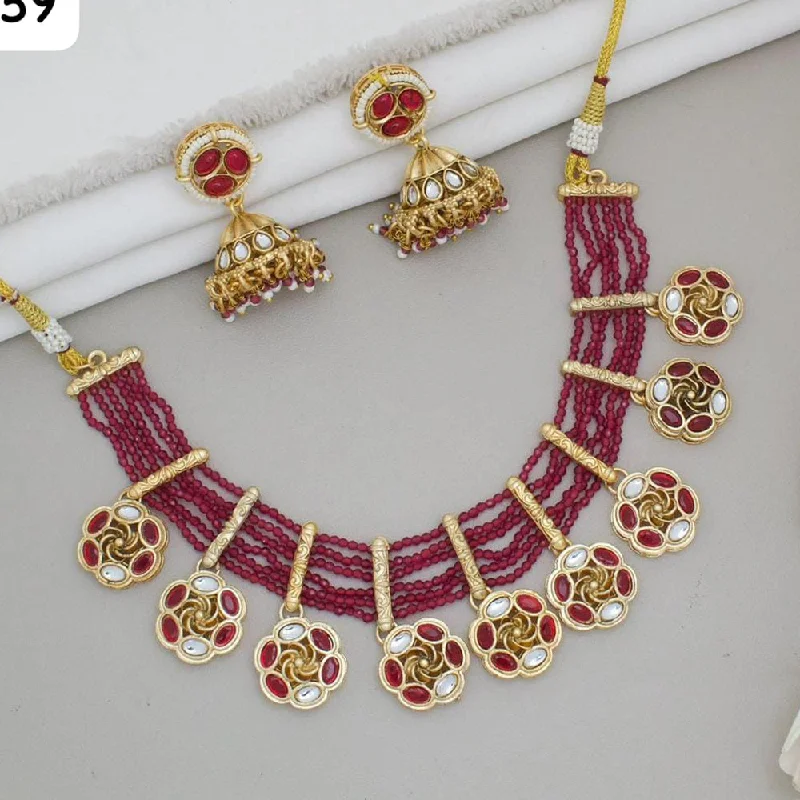 Silver Heart Necklace-JCM Gold Plated Kundan Stone And Beads Necklace Set