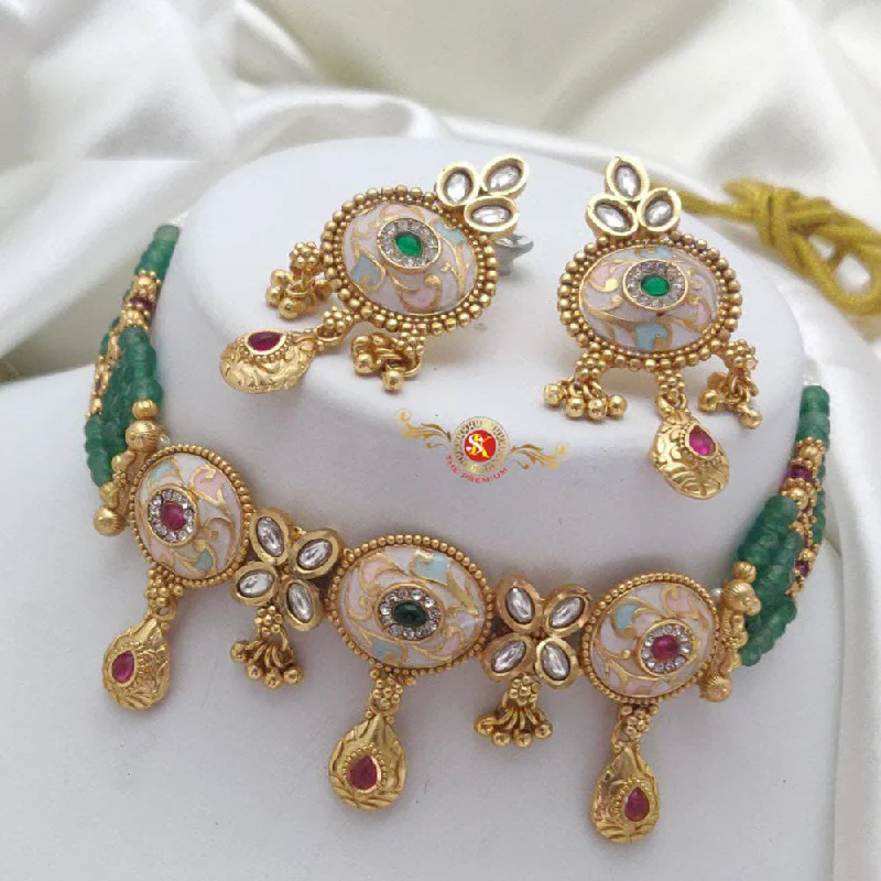 Minimalist Pendant Necklace-Akruti Collection Gold Plated Pota Stone And Pearls Meenakari Choker Necklace Set