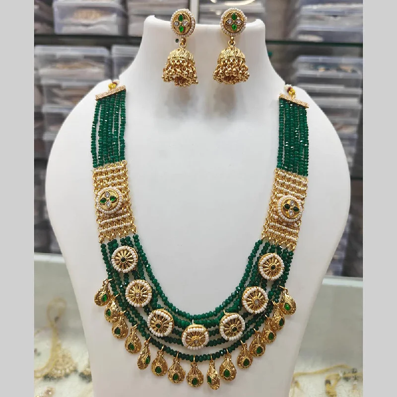 Turquoise Bead Necklace-Manisha Jewellery Gold Plated Pota Stone And Pearls Long Necklace Set