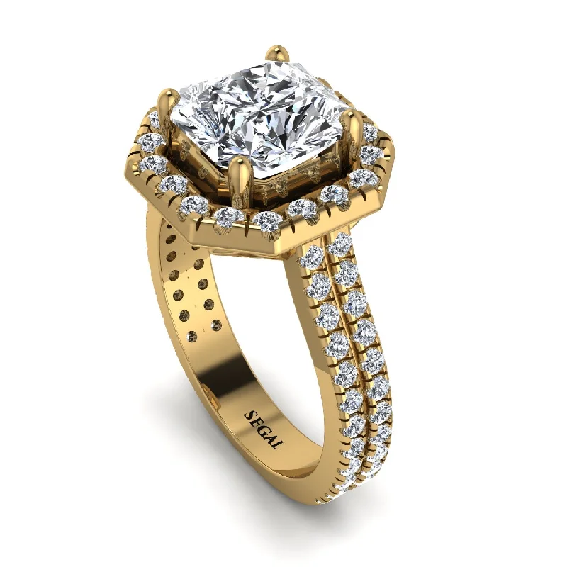 Designer Gold Ring-Gorgeous Radiant Cut Diamond Pave Double Shank Engagement Ring With Hidden Stone - Felicity No. 1