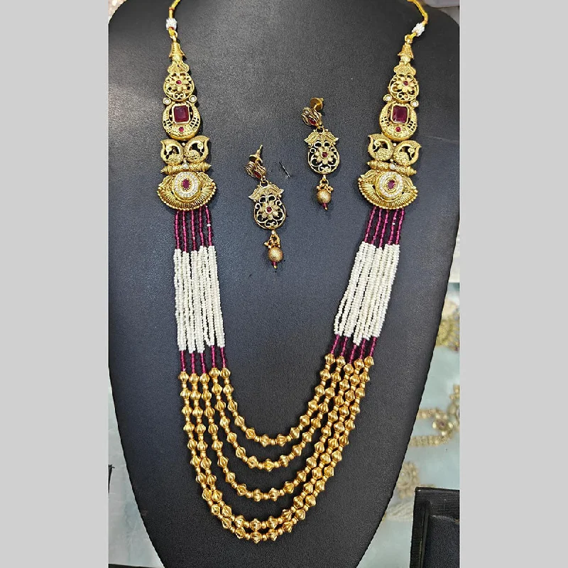 Personalized Gold Necklace-Manisha Jewellery Gold Plated Pota Stone And Pearls Long Necklace Set