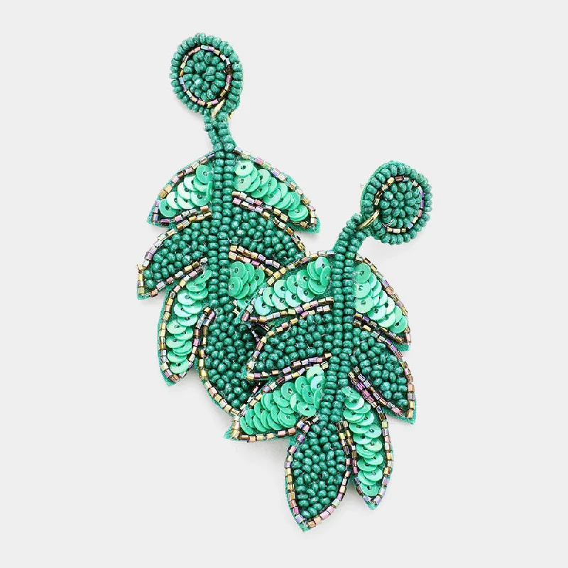 Handcrafted Sterling Earrings-Beaded Earrings, Green Palm Leaves