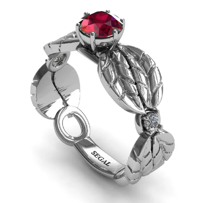 Sapphire Engagement Ring-Unique Engagement Ring 14K White Gold Leafs Vintage Ruby With White diamond - Scarlett No. 6