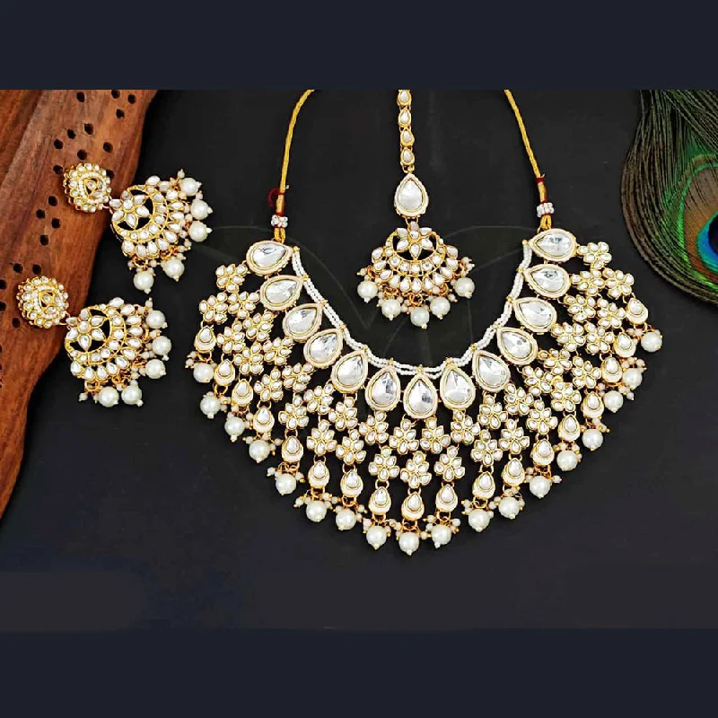 Wedding Pearl Necklace-Everlasting Quality Jewels Gold Plated Kundan And Beads Necklace Set