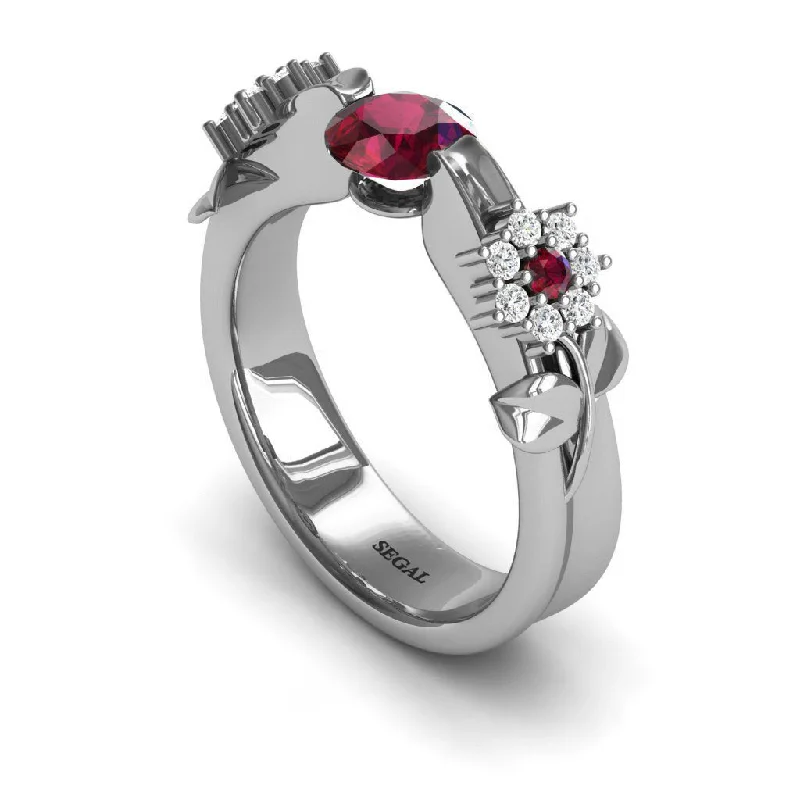 Large Statement Ring-Engagement ring 14K White Gold Flower And Leafs Antique Ring Ruby With White diamond - Piper