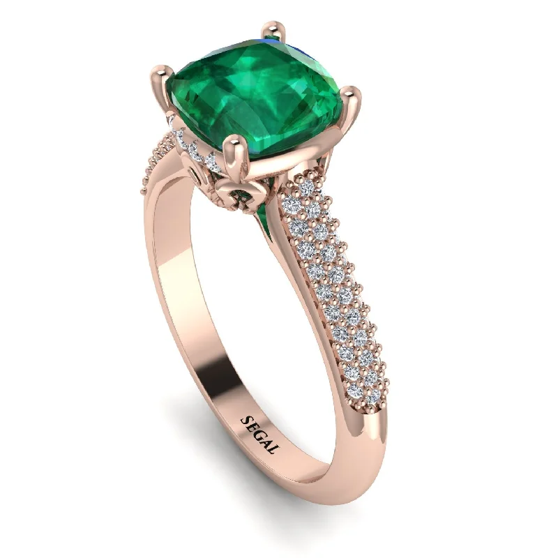 Custom Gemstone Ring-Luxury Pave Cushion Cut Emerald Engagement Ring With Hidden Stone - Esmeralda No. 5