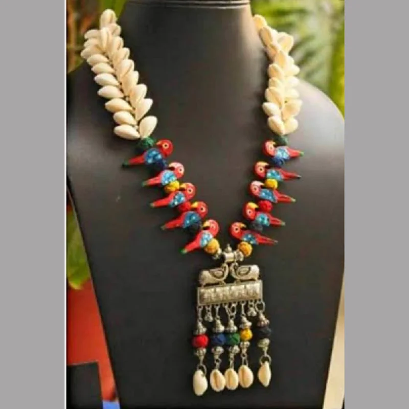 Retro Style Necklace-Bevy Pearls Oxidised Plated Sea Shell Multi Parrot Necklace