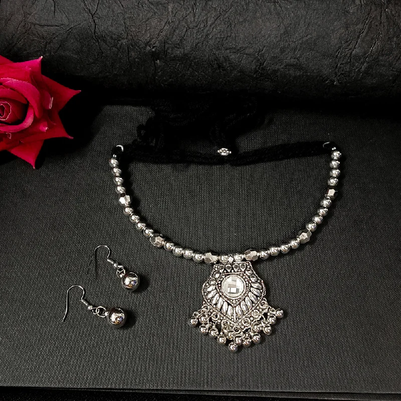 Silver Gemstone Necklace-Darshana Jewels Oxidised Plated Necklace Set